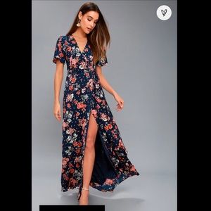 Lulu’s | XS Divine Days Navy Blue Floral Print Wrap Maxi Dress